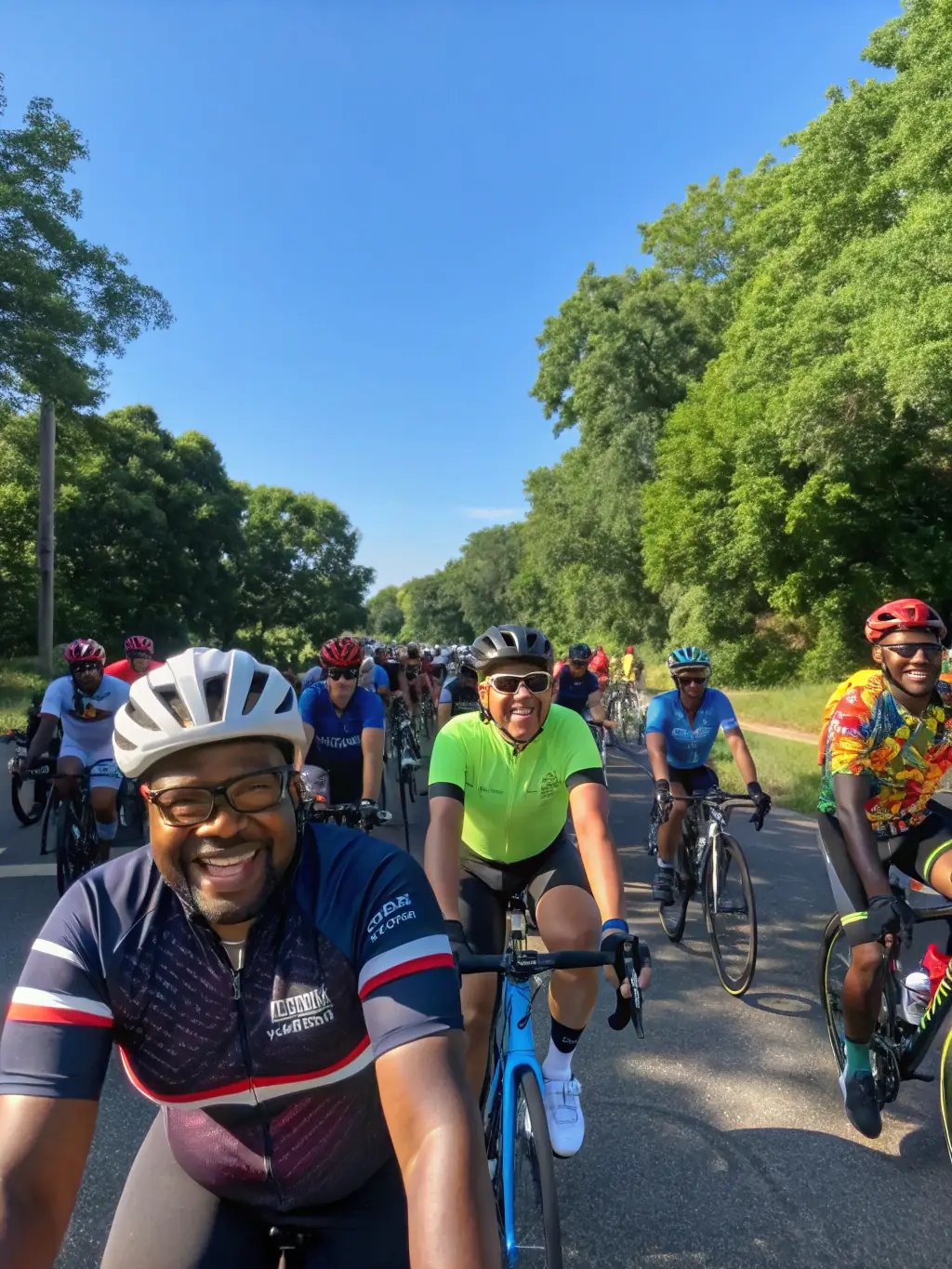 A diverse group of cyclists participating in a community cycling event, promoting friendship and solidarity.