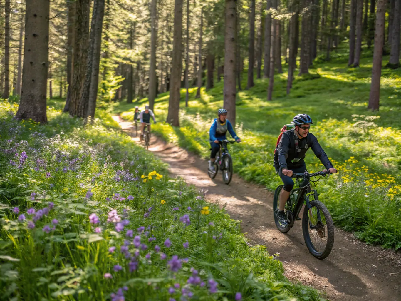 A group of cyclists riding mountain bikes on a dirt trail through a forest, navigating obstacles and enjoying the natural scenery. The image captures the adventurous spirit of C.C.V.K.'s VTT program.