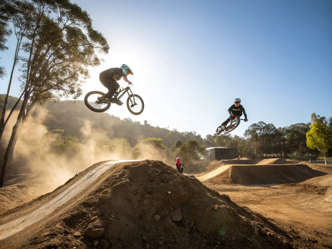 A group of young cyclists participating in a BMX training session, showcasing jumps and tricks in a safe, controlled environment. The focus is on skill development and fun.