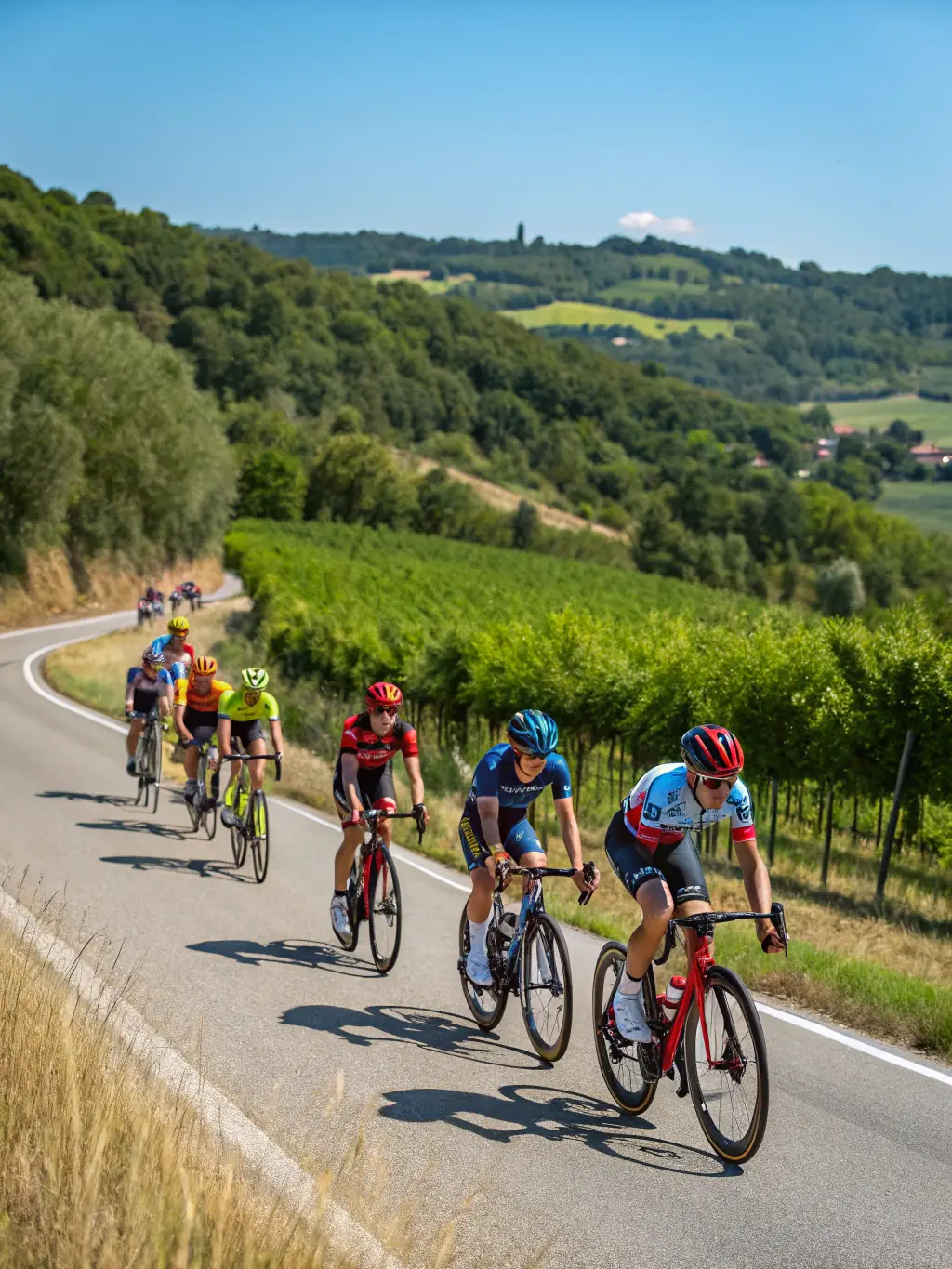 A group of cyclists of various ages training together on a scenic outdoor trail, focusing on improving their skills and endurance.
