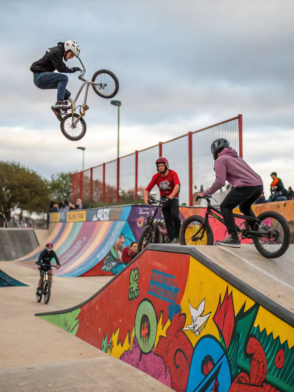BMX riders performing tricks on a dirt track with vibrant surroundings, showcasing their skills and agility.