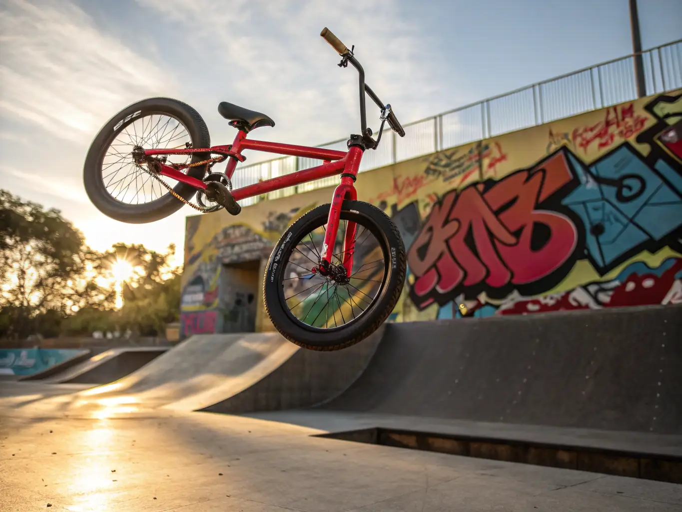 A BMX rider performing a trick in a skate park, showcasing the skill and excitement of the sport. The image highlights the dynamic and engaging nature of C.C.V.K.'s BMX program.