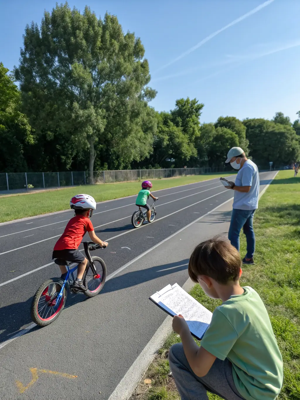 A young cyclist receiving guidance from an experienced coach, emphasizing youth development and training.