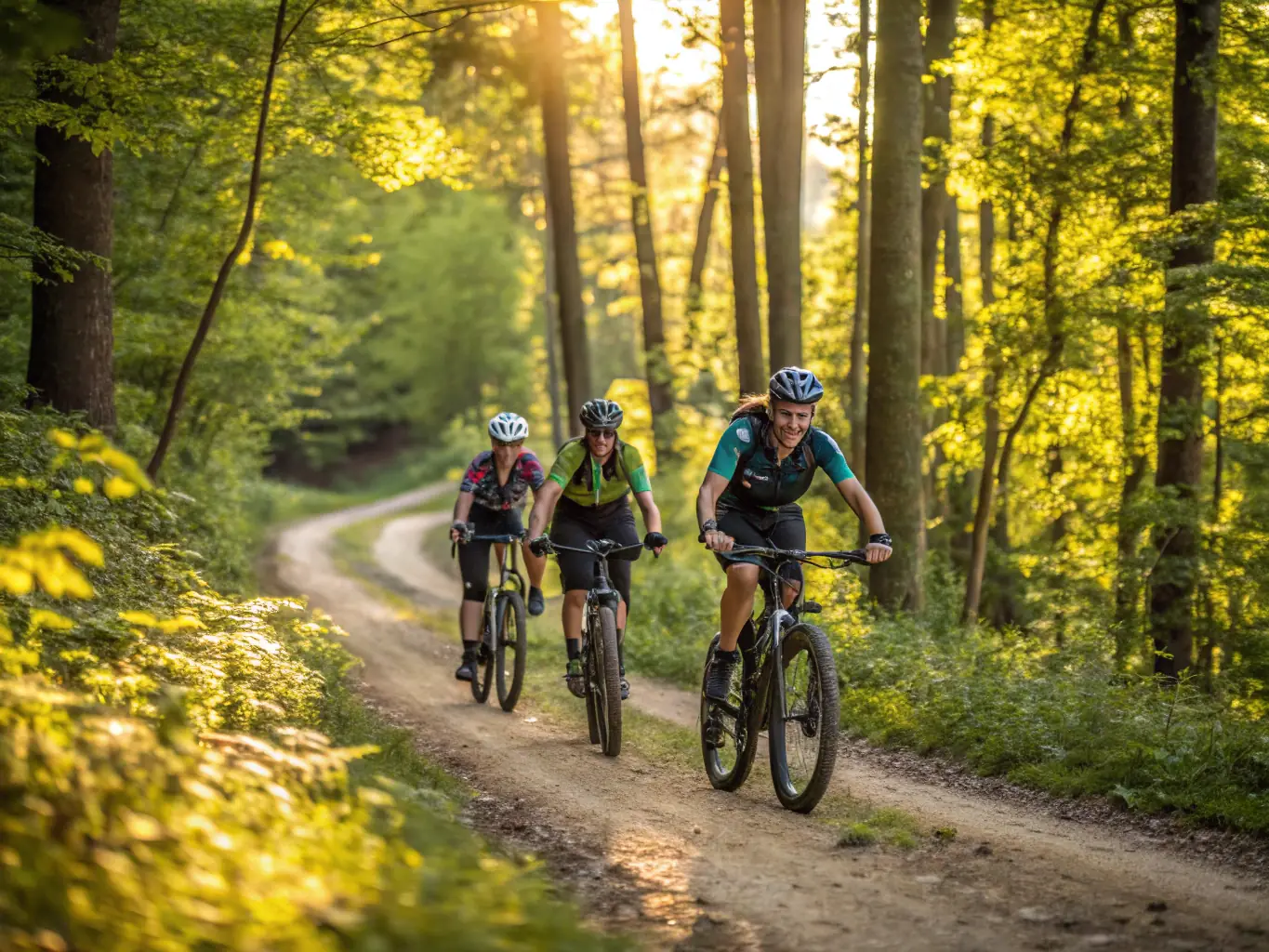 A scenic image of cyclists riding mountain bikes (VTT) through a forest trail, emphasizing the adventure and outdoor engagement aspect of the program.